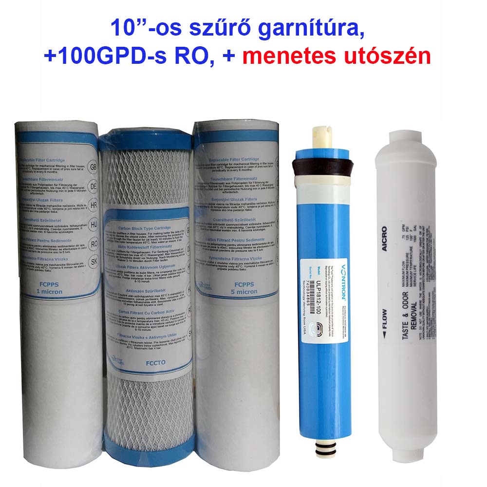 Szűrőkészlet poharas 10" +100RO+menetes utószén 1 100GPD komplett szűrő garnitura menetes