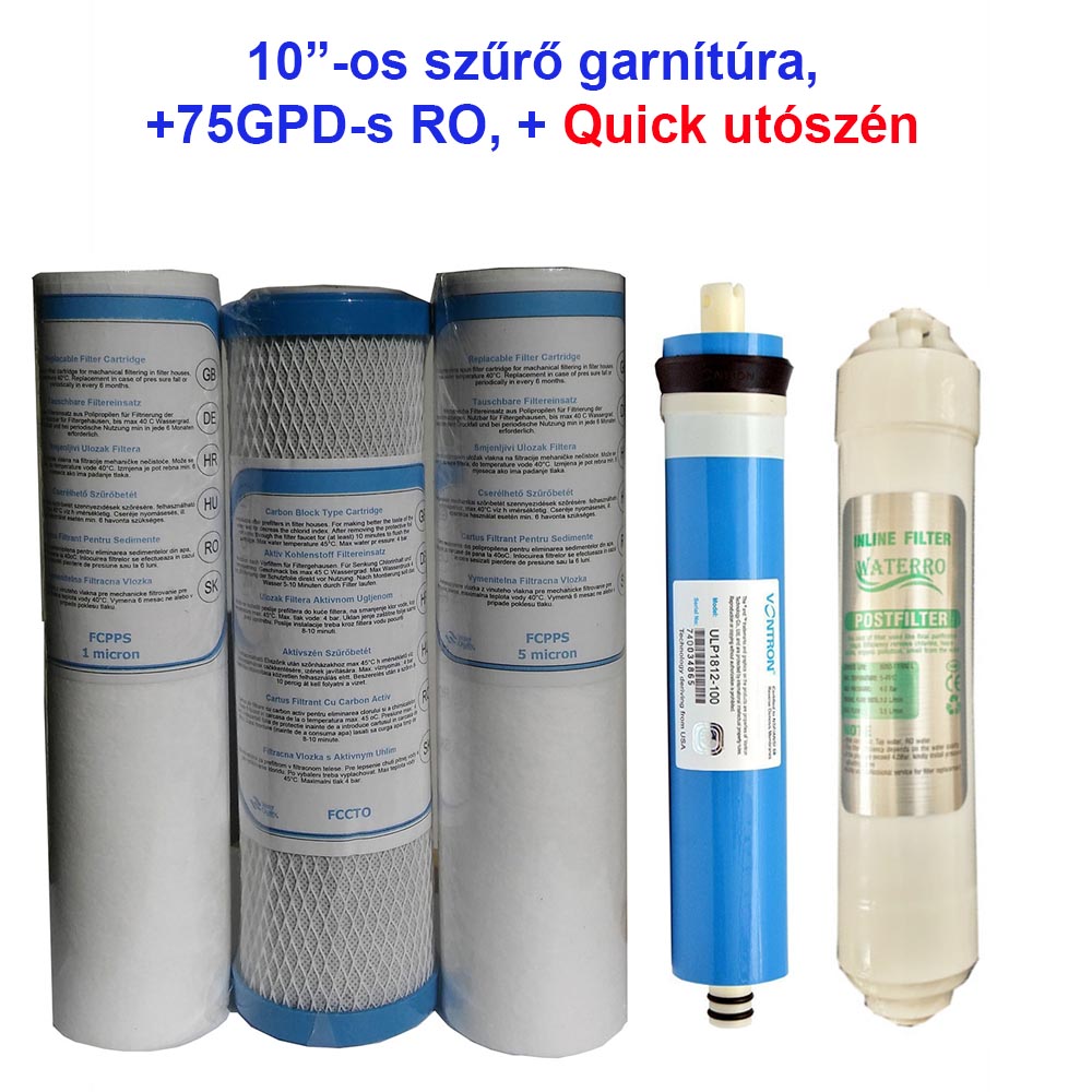 Szűrőkészlet poharas 10" +75RO+Quick utószén 1 75GPD komplett szűrő garnitura Quick