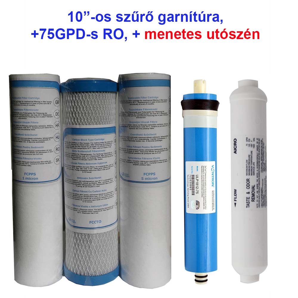 Szűrőkészlet poharas 10" +75RO+menetes utószén 1 75GPD komplett szűrő garnitura menetes