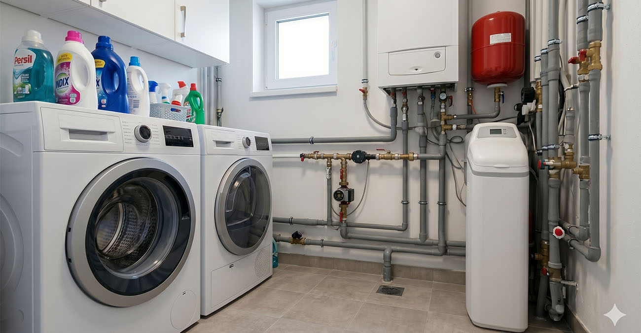 Euro-Clear RainWater 25HF Plug&Play vízlágyító (P&P) 2 RainWater 25 plug&Play vízlágyító telepítése mosókonyhába mosógép és kazán mellé